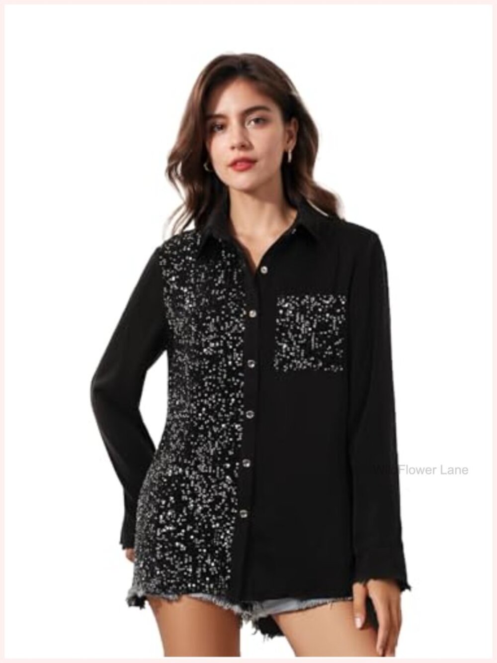 Sequin Long Sleeve Button Down Tunic Top Sparkle Glitter Blouse